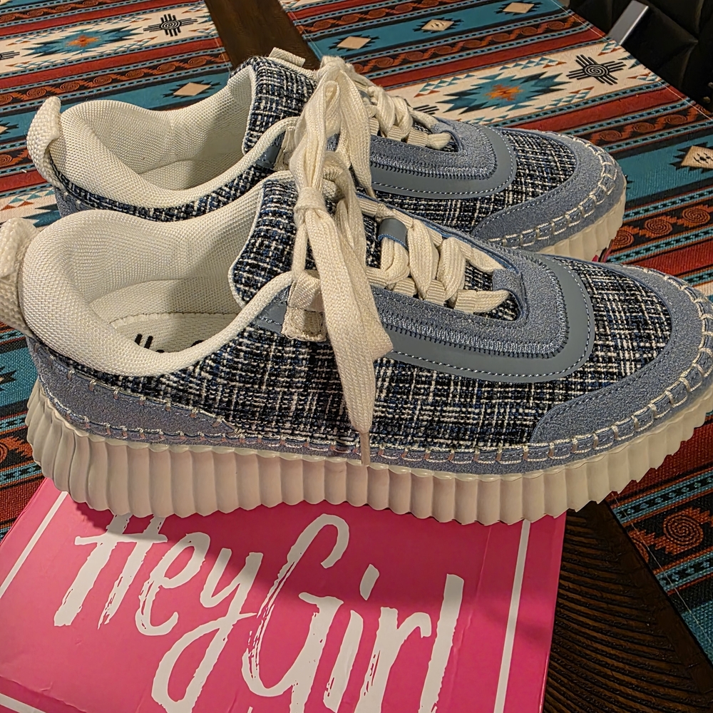 Textured Blue Platform Sneakers with White Soles